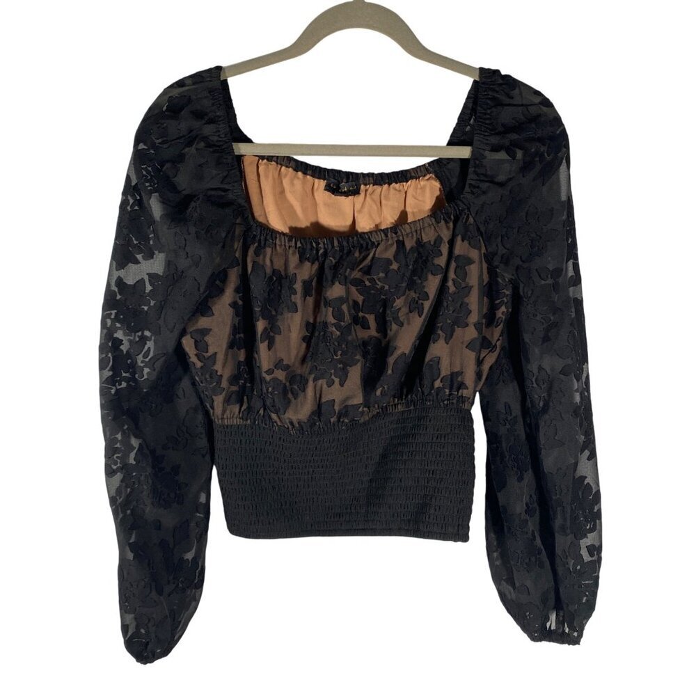 Anthropologie sheer smocked floral puff sleeve square neck crop top S fairy